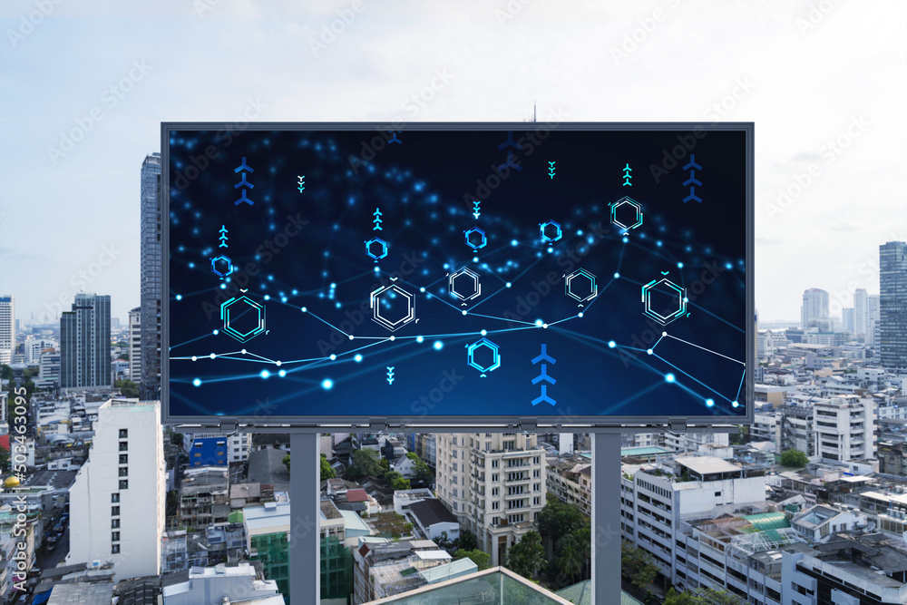 Poster technology hologram on billboard over panorama city view of bangkok. the largest tech hub in southea