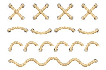 Rope. Set of various decorative rope elements. Rope laces, knots and decorations. Nautical rope, shoe lacing, decorative binding of paper and fabric. Isolation. Vector illustration - 503463014