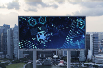 Glowing hologram of technological process on billboard, aerial panoramic cityscape of Singapore at...