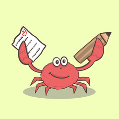 cute red crab cartoon student animal holding pencil and paper, back to school