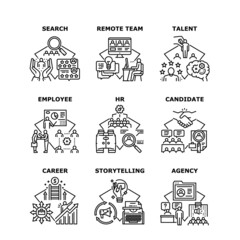 Agency Business Set Icons Vector Illustrations. Career And Hr Agency For Search Talent Employee And Candidate, Searching Remote Team And Company Office Colleague Black Illustration