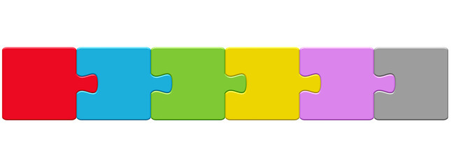 Puzzle mit 6 Teilen in rot, blau, grün, gelb, lila und grau