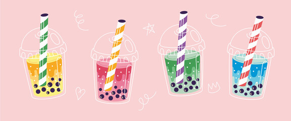 Set of four different Bubble tea cups. Taiwan milk tea with tapioca pearls. Boba  tea Yummy Beverages. Asian Taiwanese soft drink. Cartoon style. Hand drawn colored trendy vector illustration. 