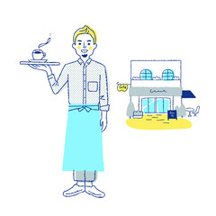 コーヒーを運ぶカフェ店員とカフェ
