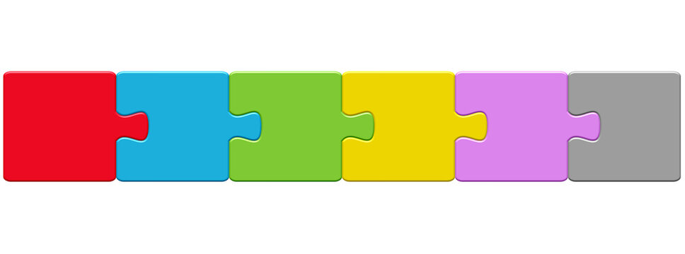 Puzzle mit 6 Teilen in rot, blau, gr&uuml;n, gelb, lila und grau
