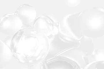 Abstract liquid drops three-dimensional visualization. Transparent metaball fluid on white background 3D illustration
