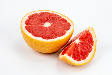 Fresh Grapefruit  Blood orange - a variety of orange with crimson, almost blood-colored flesh, Citrus into sinensis, raspberry orange, with crimson, isolated in white background with copy space