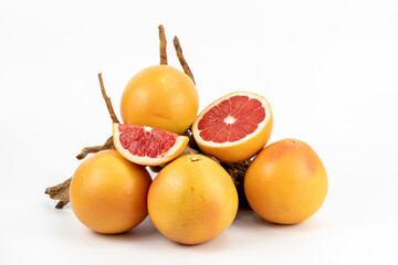 Fresh Grapefruit  Blood orange - a variety of orange with crimson, almost blood-colored flesh, Citrus into sinensis, raspberry orange, with crimson, isolated in white background with copy space