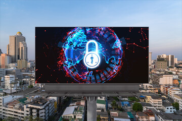 Padlock icon hologram on road billboard over panorama city view of Bangkok at sunset to protect business, Southeast Asia. The concept of information security shields.