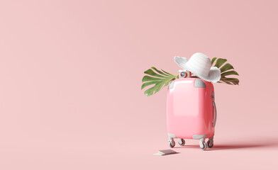 suitcase with travel accessories on pink background. travel concept. 3d rendering