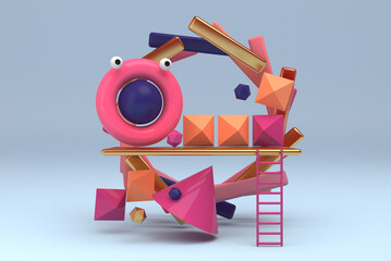 3D illustration. Trendy abstract scene with glossy geometrical forms