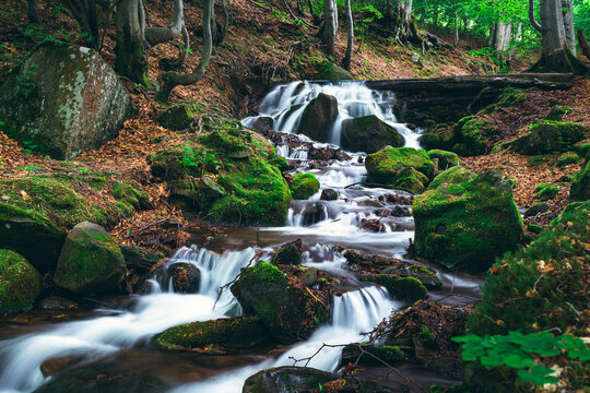 Waterfall, mountain river, stream in the green forest in the Carpathian mountains. Beautiful wallpaper background.