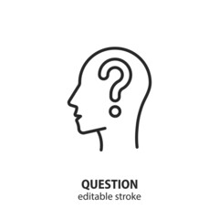 Human head profile with question mark line icon. Head question task vector symbol. Thinking man sign. Editable stroke.