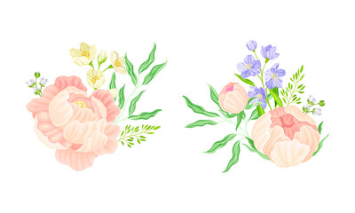 Bouquet of beautiful spring garden flowers set. Beautiful blooming delicate pale roses vector illustration