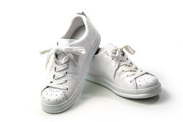 Pair of Stylis New White Sneakers Over White Background. Horizontal Image