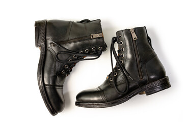 High black man's leather boots. Isolated on a white background.
