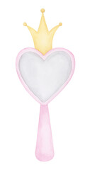 Pink mirror herat shape with princess gold crown watercolor illustration. Cute hand drawn baby shower design element. Isolated clipart element on white background. Baby girl accessories.