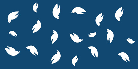 Lots of Random Placed Flying Bird Shapes, White Peace Pigeons of Various Sizes and Orientation - Pattern, Wide Scale Texture - Dark Blue Background, Concept Design, Vector Template for Web