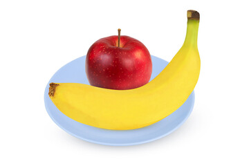  Fresh banana and red apple fruits isolated on white background. Isolated fruits. Apple and banana on a plate