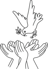 A dove with a branch in its beak, a dove of peace. Hands outstretched. Vector.
