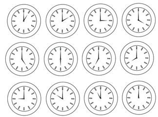 Watch. Time is shown every hour. Vector icon on a white background.