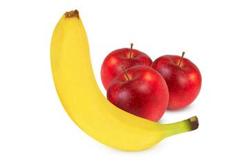  Fresh banana and red apple fruits isolated on white background. Isolated fruits.