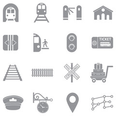 Railway Icons. Gray Flat Design. Vector Illustration.