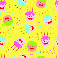 Fototapeta premium cute kawaii cakes with candles isolated quirky characters with face eyes cheeks and smile vector seamless pattern with confetti