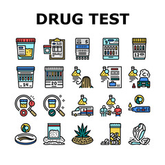 Drug Test Examination Device Icons Set Vector. Panel Drug Test Gadget For Searching Cocaine Or Amphetamines, Marijuana And Alcohol In Blood Or Urine. Medical Review Officer Color Illustrations - obrazy, fototapety, plakaty