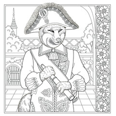 Fototapeta premium Fantasy fairytale fox man. Vintage coloring book page for adults. 