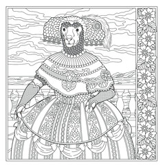 Fantasy fairytale sheep girl. Vintage coloring book page for adults. 