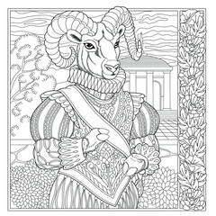 Fantasy fairytale ram or goat man. Vintage coloring book page for adults. 
