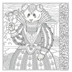 Fantasy fairytale panda girl. Vintage coloring book page for adults. 