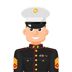 US marine sergeant in simple flat vector. personal profile icon or symbol. military people concept vector illustration. - obrazy, fototapety, plakaty