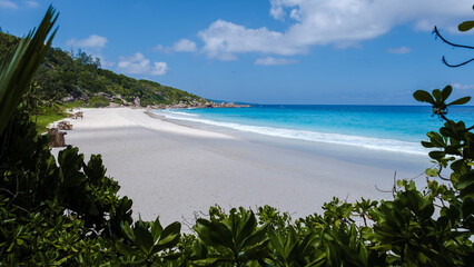 Anse Cocos beach, La Digue Island, Seyshelles, Drone aerial view of La Digue Seychelles bird eye...