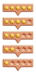 Set of rating stars. Golden reviews stars on tooltip UI elements. Customer feedback or customer review concepts. Realistic 3D vector illustration isolated on white background