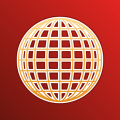 Earth Globe sign. Golden gradient Icon with contours on redish Background. Illustration.