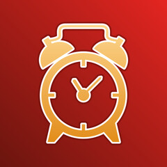 Alarm clock sign. Golden gradient Icon with contours on redish Background. Illustration.