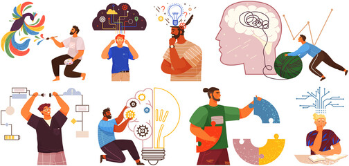 Fototapeta premium Set of illustrations about people with different mental mindset types or creative models. Psychological assistance, maintaining brain activity. Psychotherapy, development of personality concept