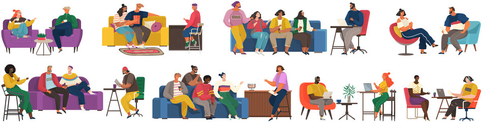 Interviewers scenes set. People create video blog, radio and television broadcasts online. Communication with journalists during interview. Making live talk show. Radio or TV show, live communication