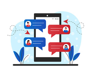 Tablet with users. Social networks and instant messengers, chats of friends. Chatting in Internet. Modern technologies and digital world. Smartphone application. Cartoon flat vector illustration