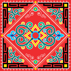 Oriental vector square pattern inspired by folk art from Monogolia and Central Asia, traditional decor with swirls and flower

