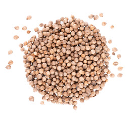 Coriander seeds isolated on white background. Cilantro grain. Organic spice. Top view.