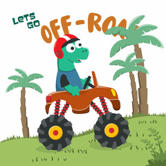 Vector illustration of dinosaurs riding monster truck with cartoon style. Can be used for t-shirt print, kids wear, invitation card. fabric, textile, nursery wallpaper, poster and other decoration. © Hijaznahwani