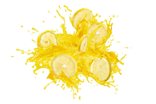 Collection of fresh Lemon with splashing juice on white background. Selective focus