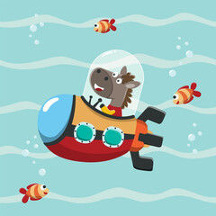 Diving with funny horse driving submarine. Creative vector childish background for fabric, textile, nursery wallpaper, poster, card, brochure. vector illustration background.