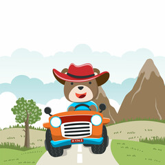 Cute bear cartoon having fun driving off road car on sunny day. Vector childish background for fabric textile, nursery wallpaper, card, poster and other decoration. Vector illustration.