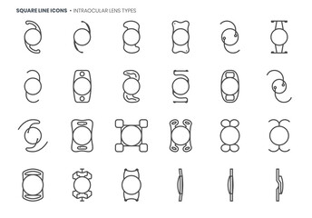 Intraocular lens types related, pixel perfect, editable stroke, up scalable square line vector icon set.