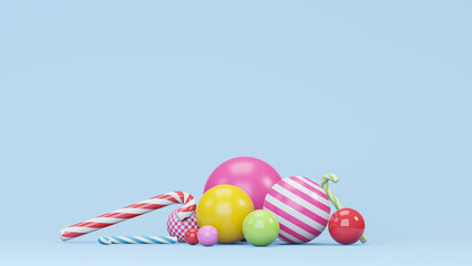 multicolored spheres and toys on blue background
