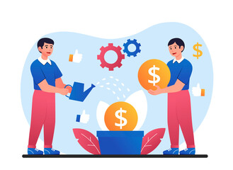 Young investors concept. Men watering plant with coins. Metaphor of financial literacy and passive income. Team increases profits, partnership of organizations. Cartoon flat vector illustration